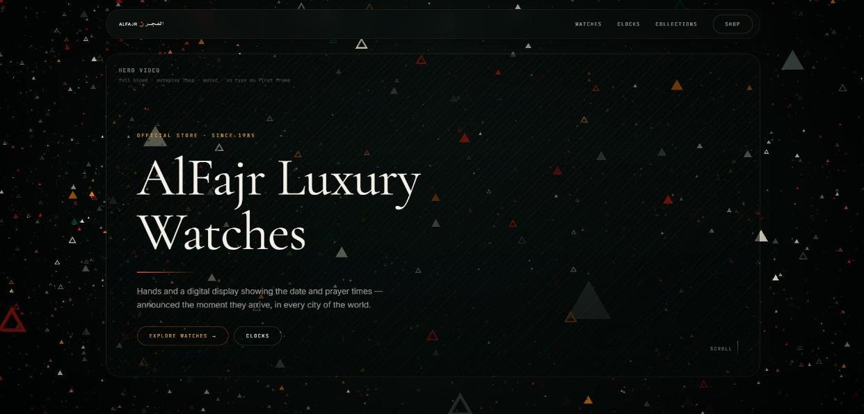 AlFajr Luxury Watches landing page with a field of coloured particles