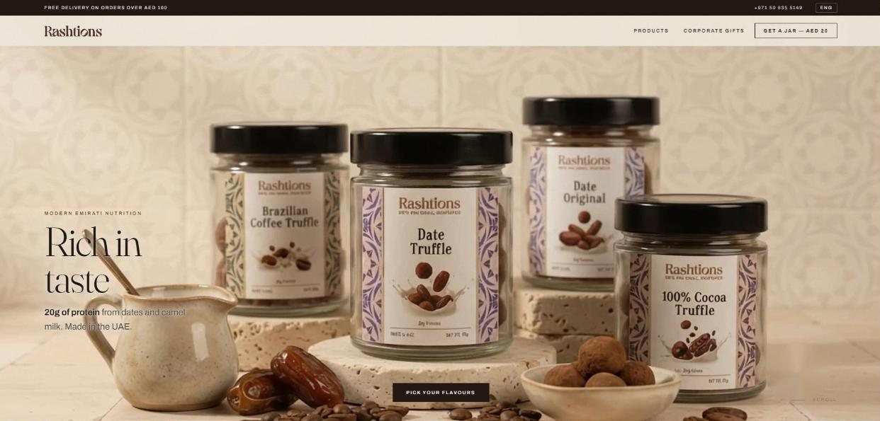 Rashtions homepage with jars of date and cocoa truffles