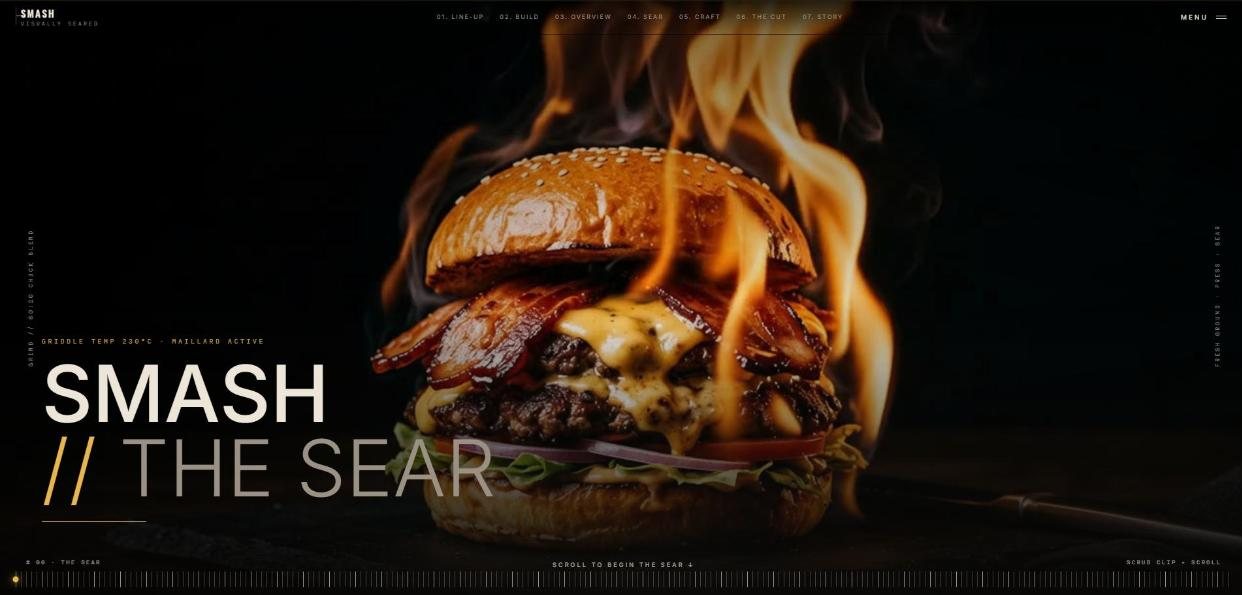 SMASH burger site: a bacon cheeseburger in flames under the headline Smash the sear