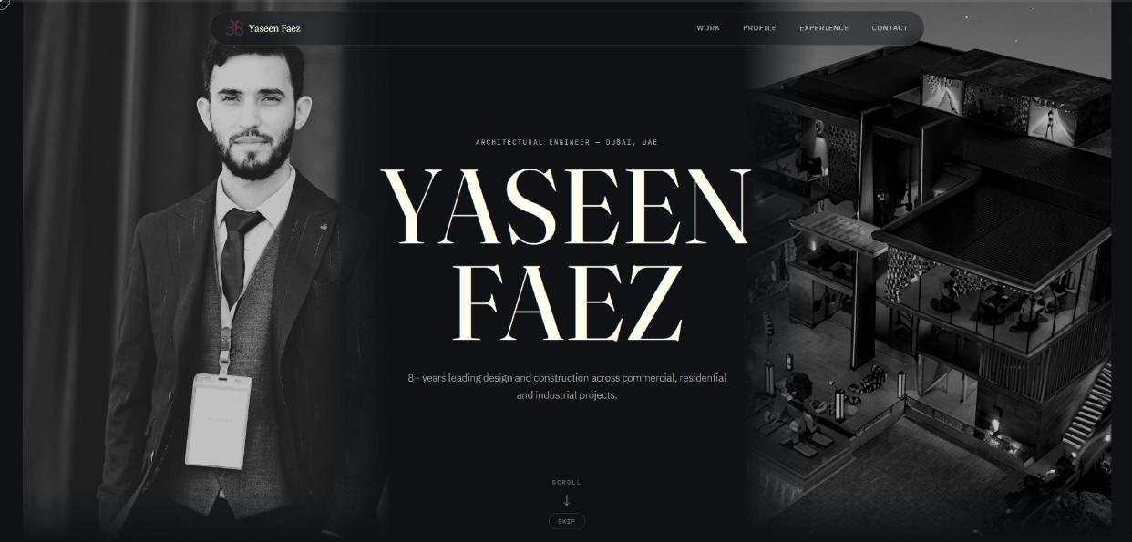 Portfolio of Yaseen Faez, architectural engineer, with a black and white portrait and a building render